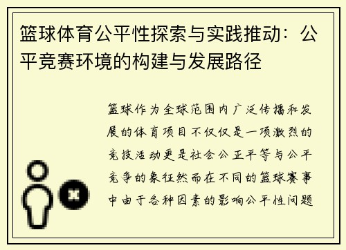 篮球体育公平性探索与实践推动：公平竞赛环境的构建与发展路径