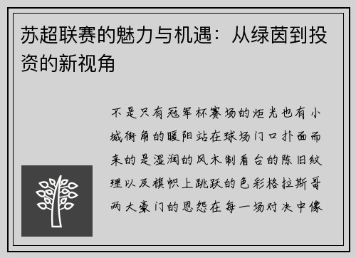 苏超联赛的魅力与机遇：从绿茵到投资的新视角