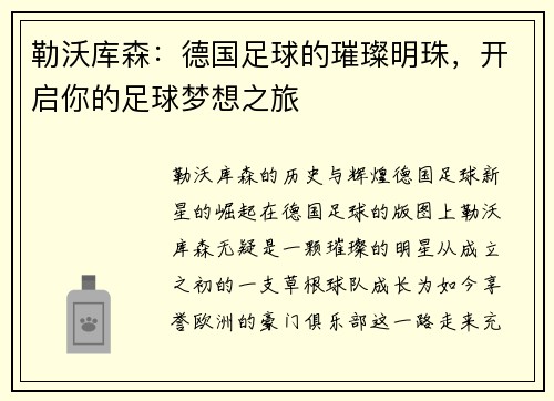 勒沃库森：德国足球的璀璨明珠，开启你的足球梦想之旅